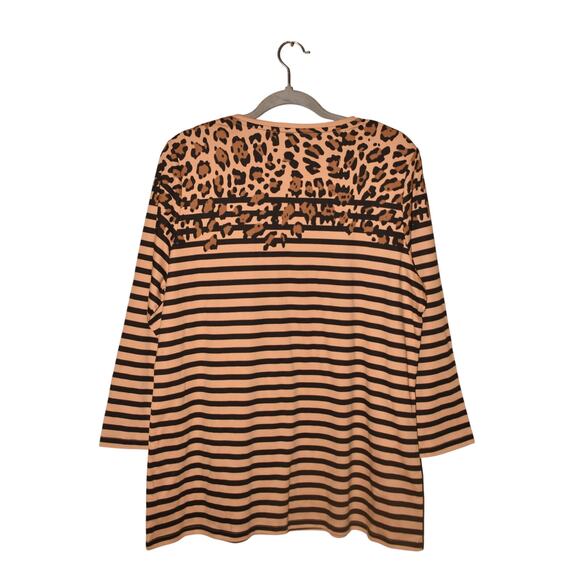KIM ROGERS NEW $26 Tan‎ Black Animal Print Striped 3/4 Sleeve Tunic Shirt Large - Picture 2 of 3
